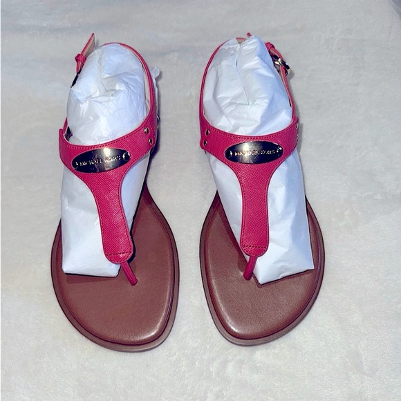 Michael Kors MK Plate Thong Flat T-Strap Sandals Leather. Shade LT BRY SBT new - Picture 1 of 5